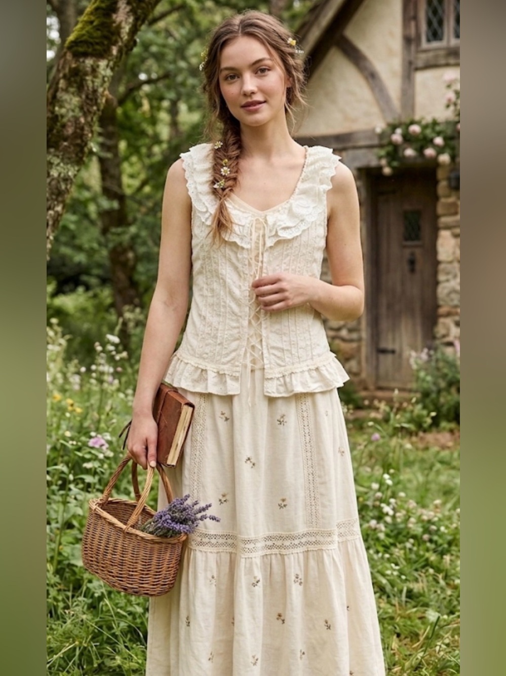Beaubois Cream eyelet Lace-Up Ruffled Cotton Corset tank Top L cottagecore boho